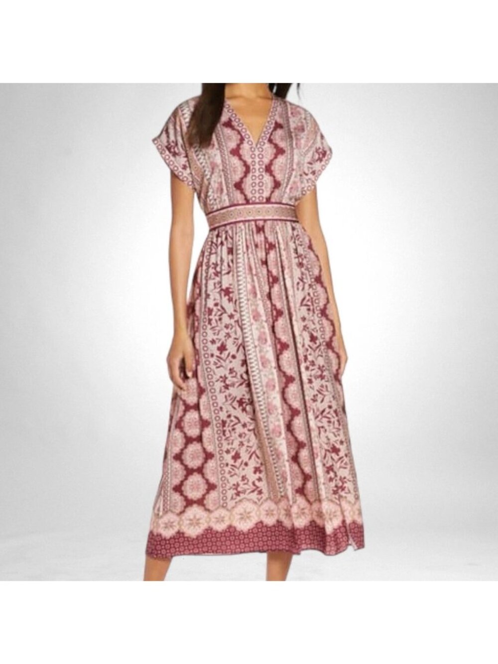 Gal Meets Glam Liza Print Charmeuse Midi Dress Wine & Taupe 6